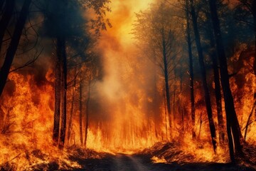 Fototapeta premium Strong fire in the forest, disaster, natural phenomenon, burning trees, coal, consequences, danger, flame, fire, conflagration, burning, cataclysm, collapse. AI. created by AI. AI generated