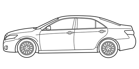 Classic business class sedan car. 4 door car on white background. Side view shot. Outline doodle vector illustration	