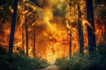 Strong fire in the forest, disaster, natural phenomenon, burning trees, coal, consequences, danger, flame, fire, conflagration, burning, cataclysm. AI. created by AI. AI generated