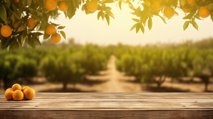 Naklejka na ściany i meble Empty wood table with free space over orange trees, orange field background. For product display montage. Generative AI