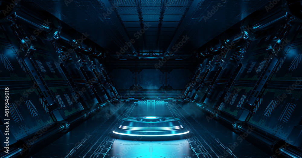 Leinwandbilder blue spaceship interior with projector. futuristic corridor in space station with glowing neon light