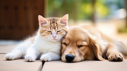 Cute dog and cat together background with copy space