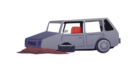Broken and abandoned car, cartoon flat vector illustration isolated on white background.