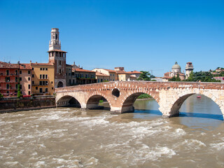 old roman bridge in Verona  spans the river Etsch