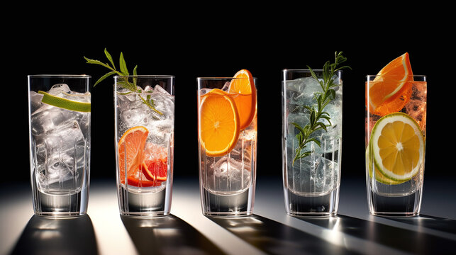 Gin tonic long drink as a classic cocktail in various forms with garnish in individual glasses such as orange, lemon, grapefruit, cucumber or berries. Generative Ai