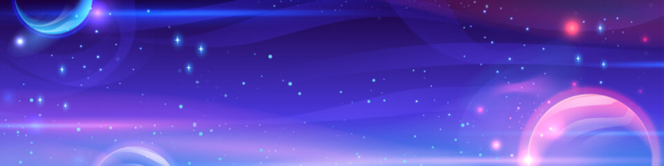 Purple sky galaxy space night vector background. Pink abstract cosmos banner with planet and starry light texture outer design. Cartoon metaverse website header with modern shining gradient graphic © klyaksun