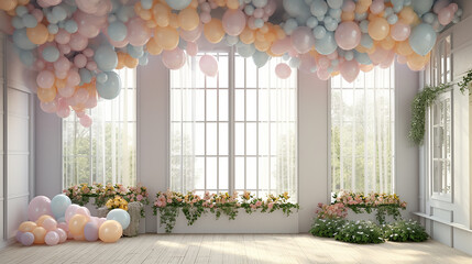 studio window decorated with balls colorful holiday.  Generative AI