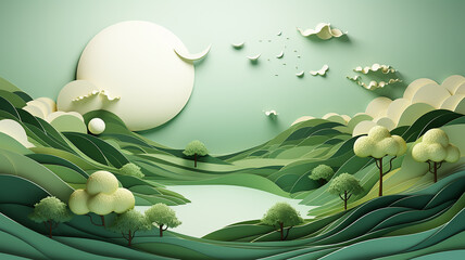 greeting card, green abstract landscape in the style of paper sculpture. Generative AI