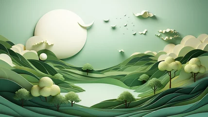 Fototapeten greeting card, green abstract landscape in the style of paper sculpture. Generative AI © kichigin19
