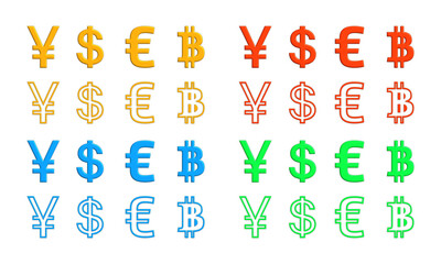 3D set on currency symbols, different colored, with realistic shadows, isolated on transparent background.