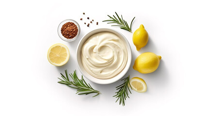 Homemade mayonnaise and mayonnaise ingredients isolated on a white background. Top view. Generative Ai - obrazy, fototapety, plakaty