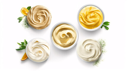Obraz na płótnie Canvas Homemade mayonnaise and mayonnaise ingredients isolated on a white background. Top view. Generative Ai