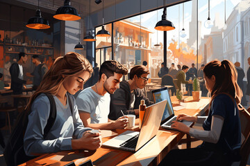a busy coffee shop with people lined up, laptops open, and conversations buzzing, illustrating the dynamic atmosphere and productivity of a busy work environment. Generative AI - obrazy, fototapety, plakaty
