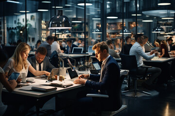a busy office scene with people engaged in meetings, typing on keyboards, and handling phone calls, highlighting the intensity and productivity of a bustling work environment. Generative AI