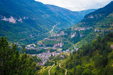 Fototapeta na wymiar Sainte Enimie village aerial view- Tarn of Gorge, Lozere, Aveyron, Occitanie in France