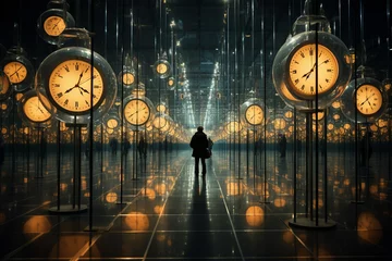 Foto op Canvas clocks set to different time zones, surrounded by mirrors, reflecting the constant movement and global reach of busy people as they navigate different time zones and international Generative AI © forenna