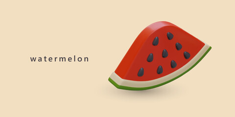 Triangular slice of ripe watermelon with seeds. Isometric illustration in plasticine style. Summer fruit served. Sliced red watermelon. Poster for advertising desserts, grocery store
