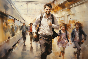 the varied expressions and activities of busy people going about their day, from commuters rushing to catch a train to parents juggling work and childcare. Generative AI