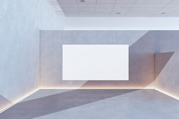 Modern concrete exhibition hall interior with blank white mock up banner, sunlight and shadows. Museum and art concept. 3D Rendering.