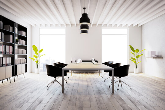 Modern office coworking interior with large wooden desk, white walls and window, workplace and workspace concept. 3D Rendering