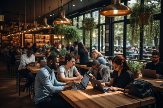 a busy coffee shop with people, laptops open, and conversations buzzing, the dynamic atmosphere and productivity of a busy work environment. Generative AI