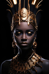 Portrait of a beautiful young girl with golden paint running down her face. Dark black background. Illustration, Generative AI.