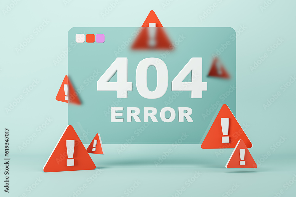 Poster Abstract 404 error with caution marks on blue background. Page not found mistake and support concept. 3D Rendering.