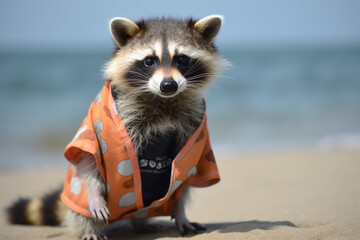 Generative AI.
a raccoon wearing a beach suit - obrazy, fototapety, plakaty