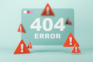 Abstract 404 error with caution marks on blue background. Page not found mistake and support concept. 3D Rendering.