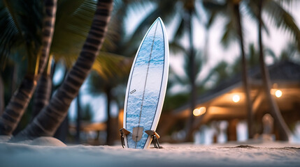 Blur surfboard and palm leaf on tropical beach abstract background. Travel concept. Generative Ai