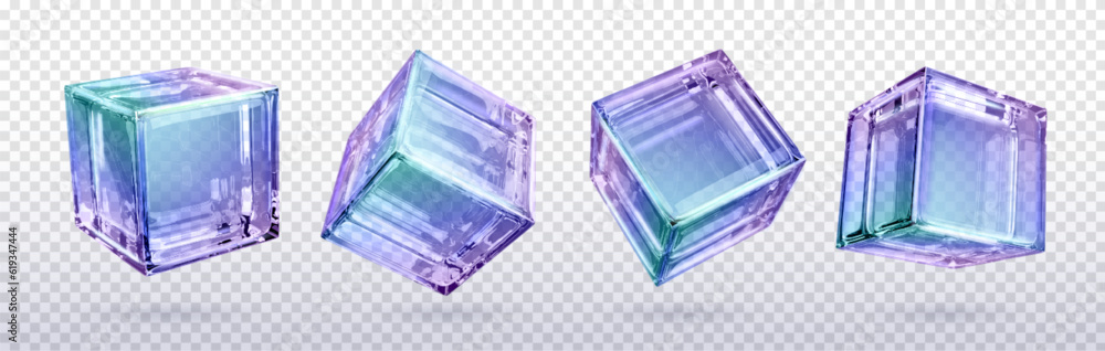Aufkleber 3d crystal light holographic glass cube vector isolated icon. realistic geometric translucent block 