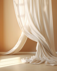 Captivating sunlight, billowing sheer curtain from an open window onto a blank beige-brown wall, floor, and white baseboard—a 3D background for interior design and air flow ventilation products.