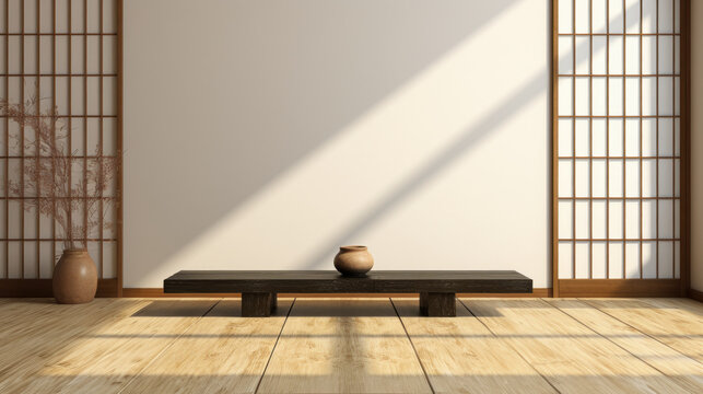 Japanese-style room for East Asian interior design d&eacute;cor, architecture, and product display background with tatami mat floor, wood shoji window in sunshine, and shadows cast by grills on white wall. 