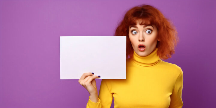 woman in a yellow sweater holding up a white blank note with copy space for an advertisement against a purple background, fictional person made with generative ai