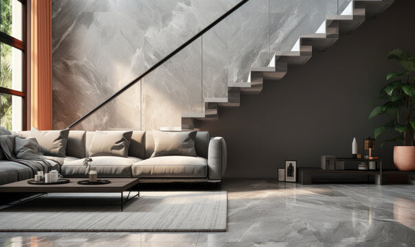 A modern gray marble stone stair with a tempered glass panel and black steel handrail in a beige living room with a sofa in sunlight from a window on granite floor. 3D interior background.