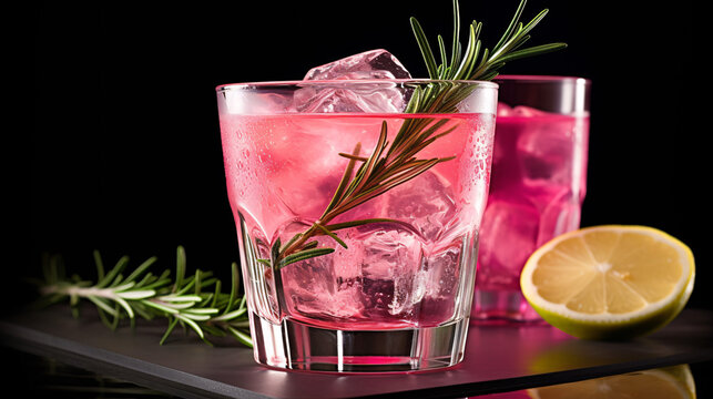 Refreshing pink drink or cocktail with ice, garnished with a slice of lime and rosemary. Generative Ai