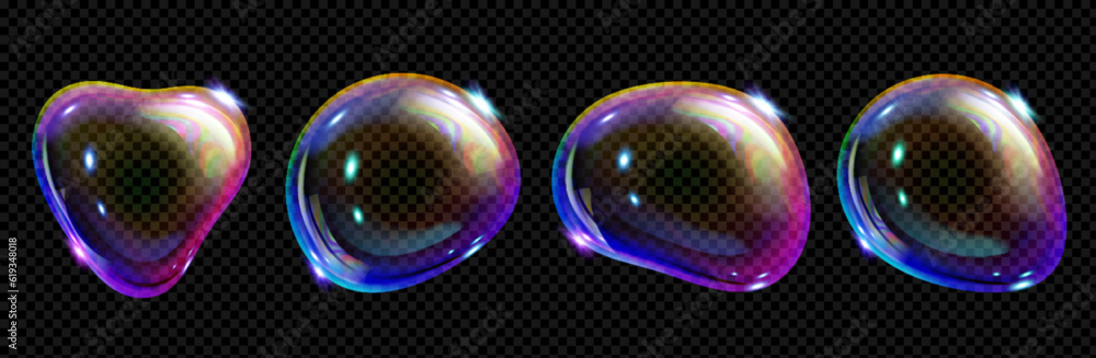 Poster 3d iridescent fluid glass spectrum foam vector. realistic transparent soap bubble with dreamy neon r