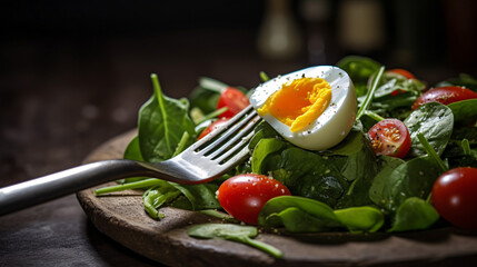 Salad with boiled egg, tomatoes and spinach. Juicy tamat and herbs on a fork. Healthy, dietary food. Organic food close-up. Generative Ai