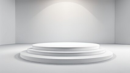 Shiny white round pedestal podium. Abstract high quality 3d concept illuminated pedestal by spotlights on white bakground. Futuristic background useful for banners flyers or web. 3d render. Template