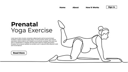 Pregnant mother doing yoga, continuous one line drawing. Sketch art illustration landing page template.