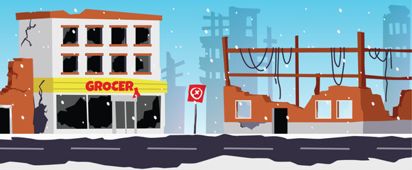 Fototapeta premium Vector illustration of destroyed grocery, city destroy in war zone, abandoned buildings, Winter destruction