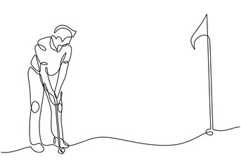 Sport illustration of golf player. Continuous one line drawing, a man playing golf game.