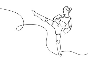 Boxer one line drawing, girl fighter kick training continuous hand drawn, vector illustration. Strong woman kickboxing sketch fitness exercise.