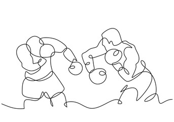 boxing fight one line drawing, boxer punching with his hand to opponent. Continuous hand drawn line art, vector illustration isolated editable stroke. - obrazy, fototapety, plakaty