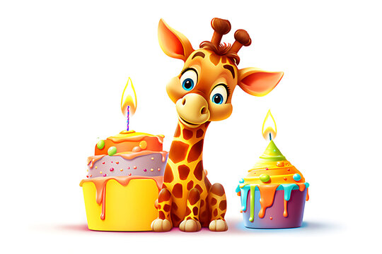 Happy Birthday. Happy Cute cartoon giraffe. Illustration. Post processed AI generated image