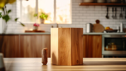 Wooden pedestal on table in kitchen interior and free space for your decoration. Generative Ai