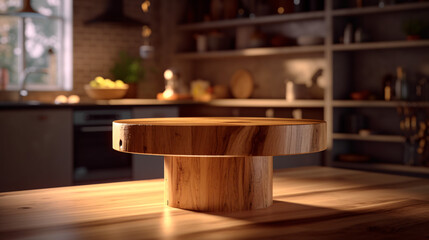 Fototapeta na wymiar Wooden pedestal on table in kitchen interior and free space for your decoration. Generative Ai