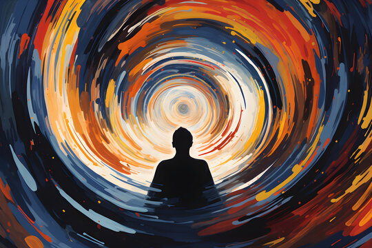 Person engulfed in chaotic sound waves, hallucinating vivid auditory experiences