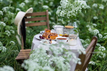 Fancy white porcelain set for herbal tea or coffee and homemade pie on wooden table in the garden....