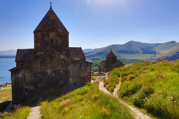 Fototapeta na wymiar Armenia monastery Sevanavank on a sunny spring day